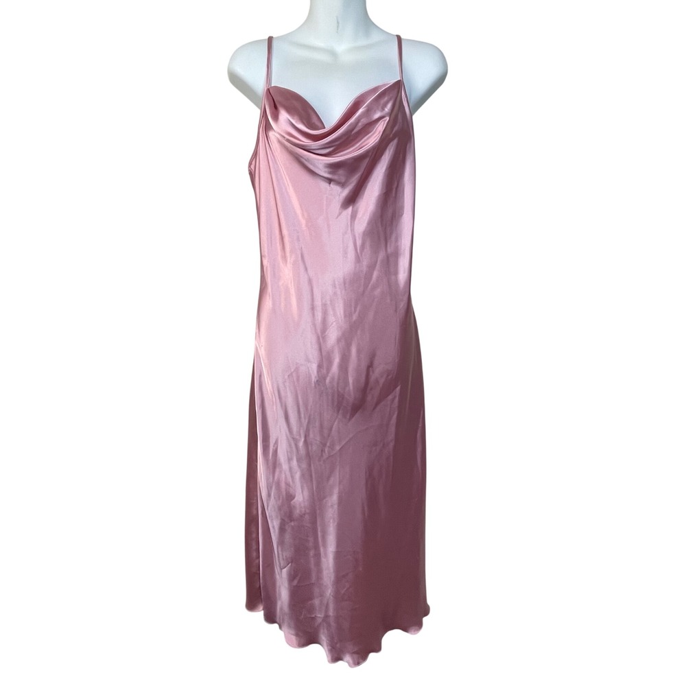 Bebe Pink Satin Cowl Neck‎ Slip Midi Dress Adjustable Straps Made in USA Size M
